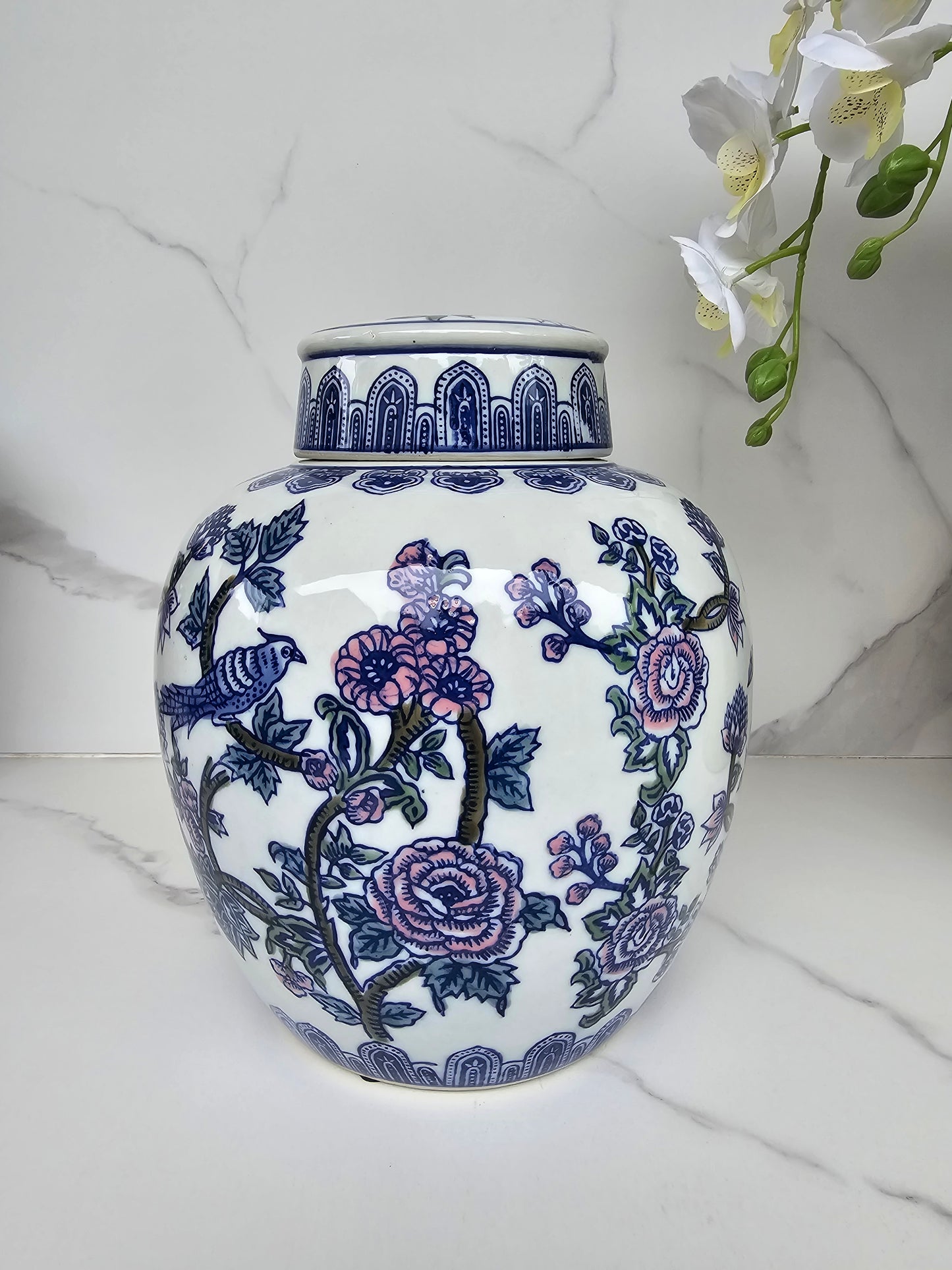 Classic Hamptons blue and white ginger jar with floral detailing for elegant coastal interiors