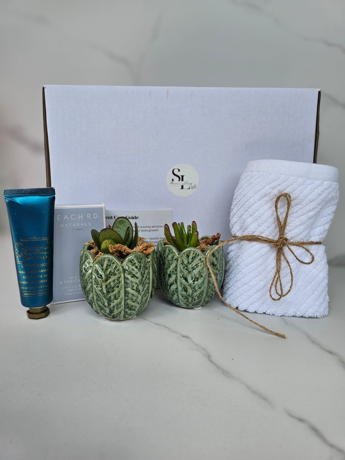 Succulent Gift Set Box | Sage Green Ceramic Pots & Hand Care Gift