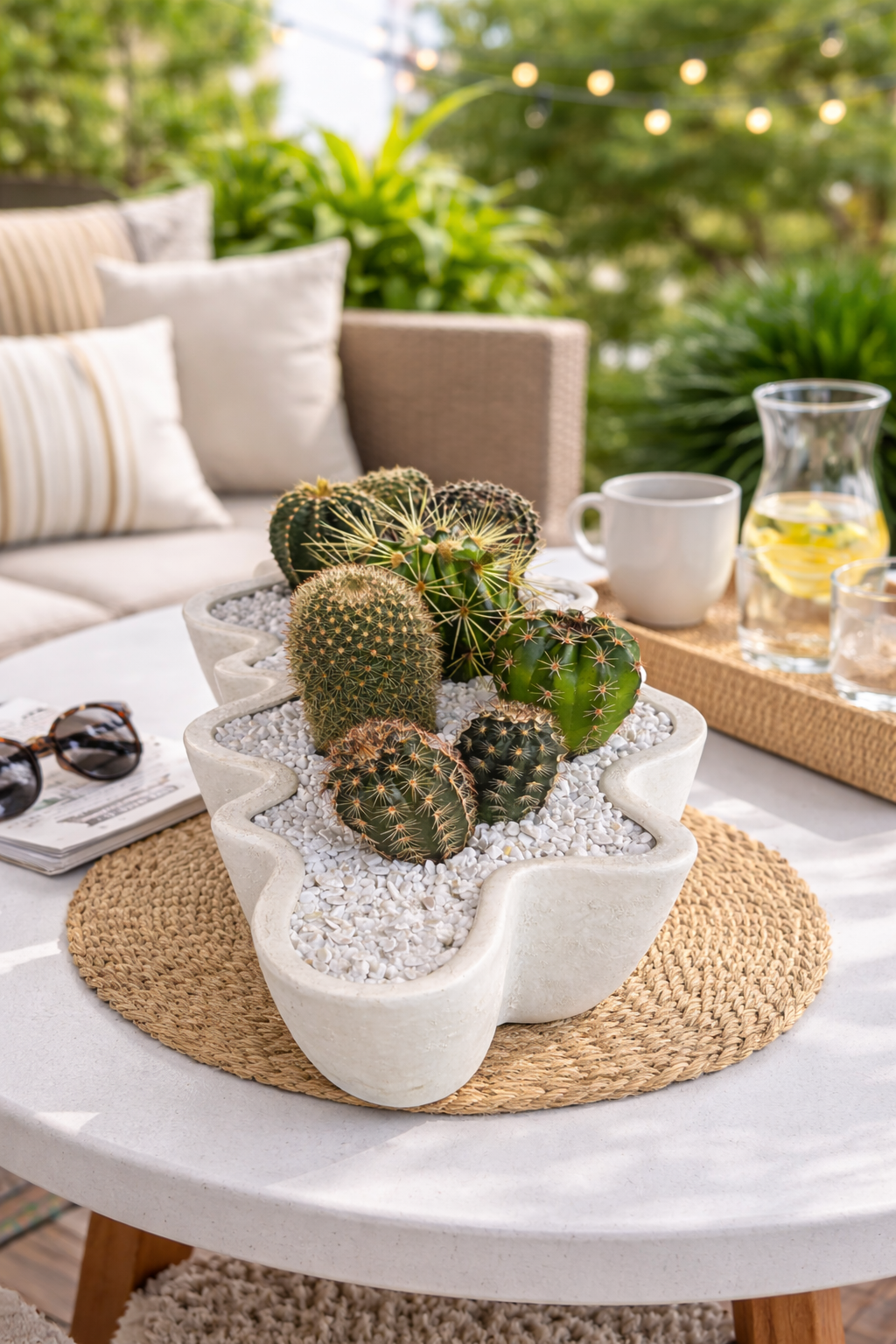 Cactus Centrepiece in large white wavy organic shaped planter