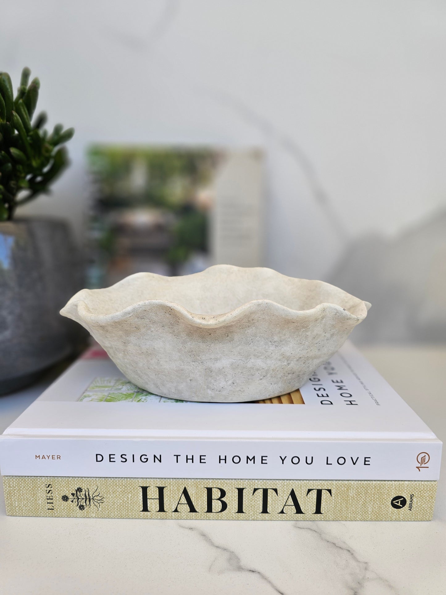 Neutral sculptural bowl planter designed for modern Hamptons and coastal interiors