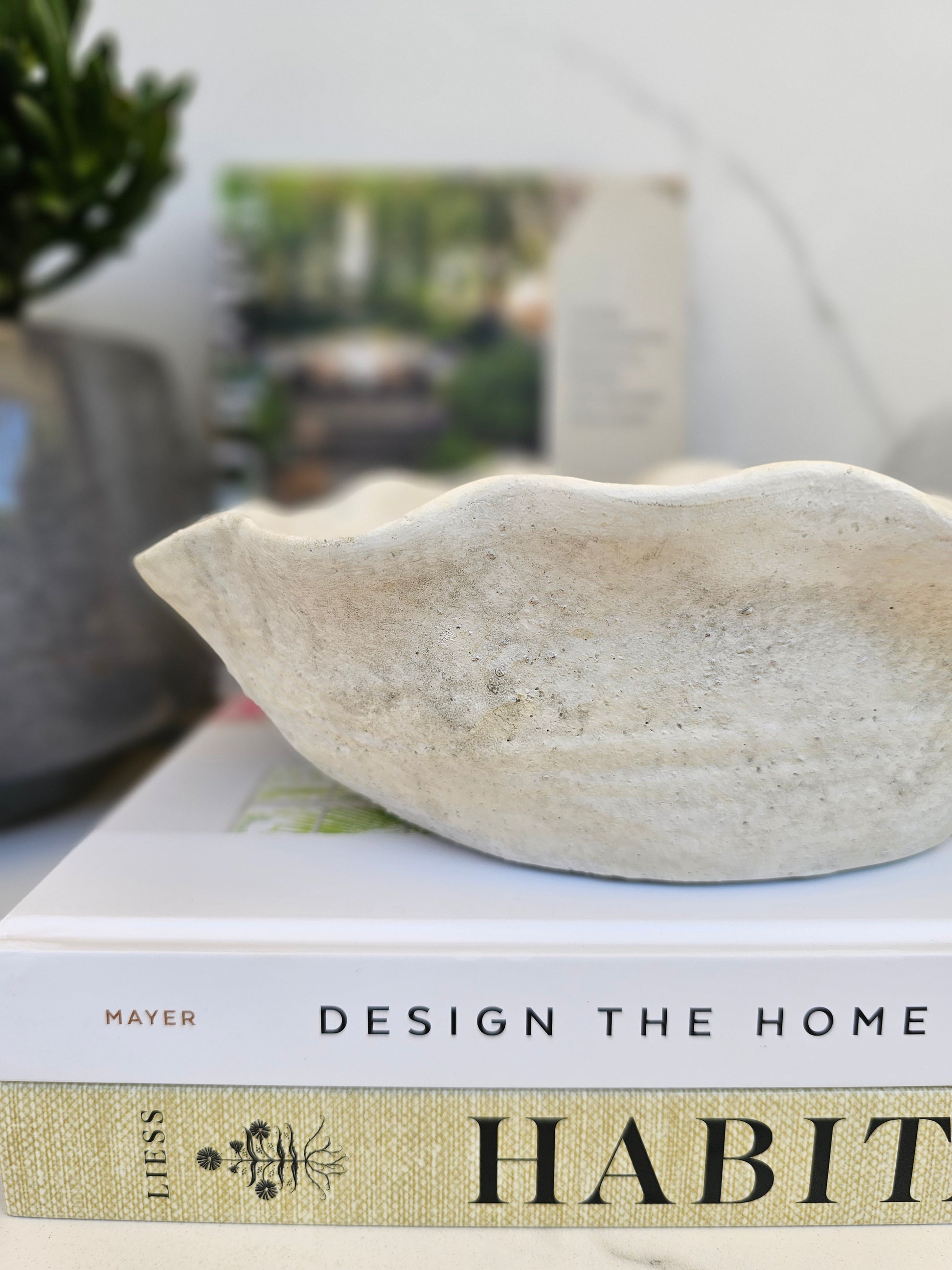 Neutral textured bowl planter used as a decorative bowl styled with interior design books and greenery