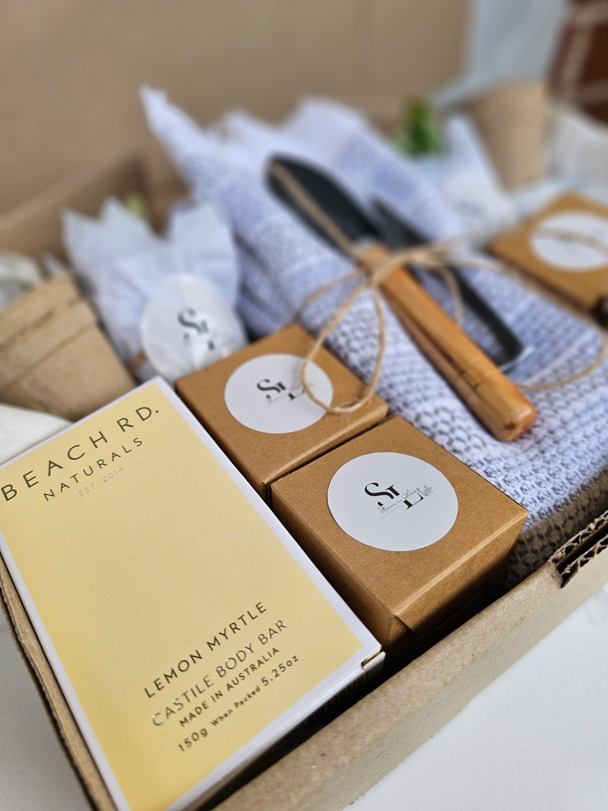 Close-up of a box with a lemon wallflower labeled 'Beachard' on a blurred background.