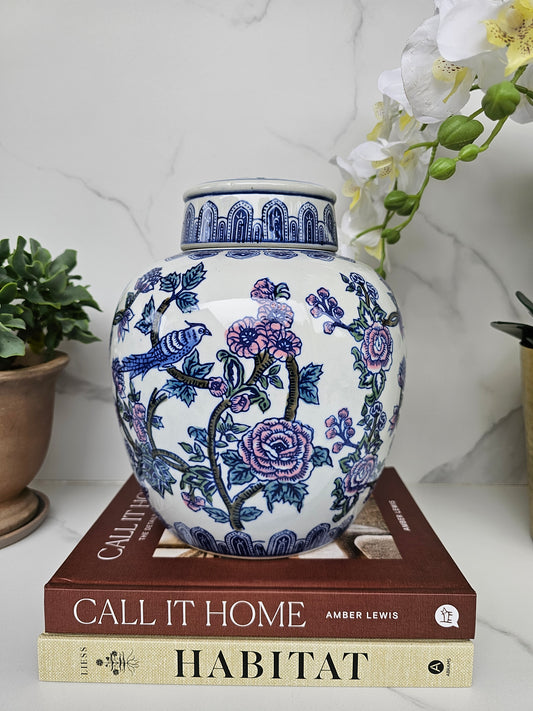 Blue and white ceramic ginger jar with floral chinoiserie pattern styled for Hamptons coastal home decor